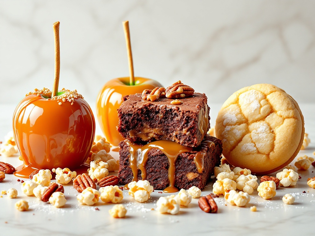 Caramel apples, fudgy brownies with caramel drizzle, and a soft sugar cookie surrounded by gourmet popcorn and pecans
